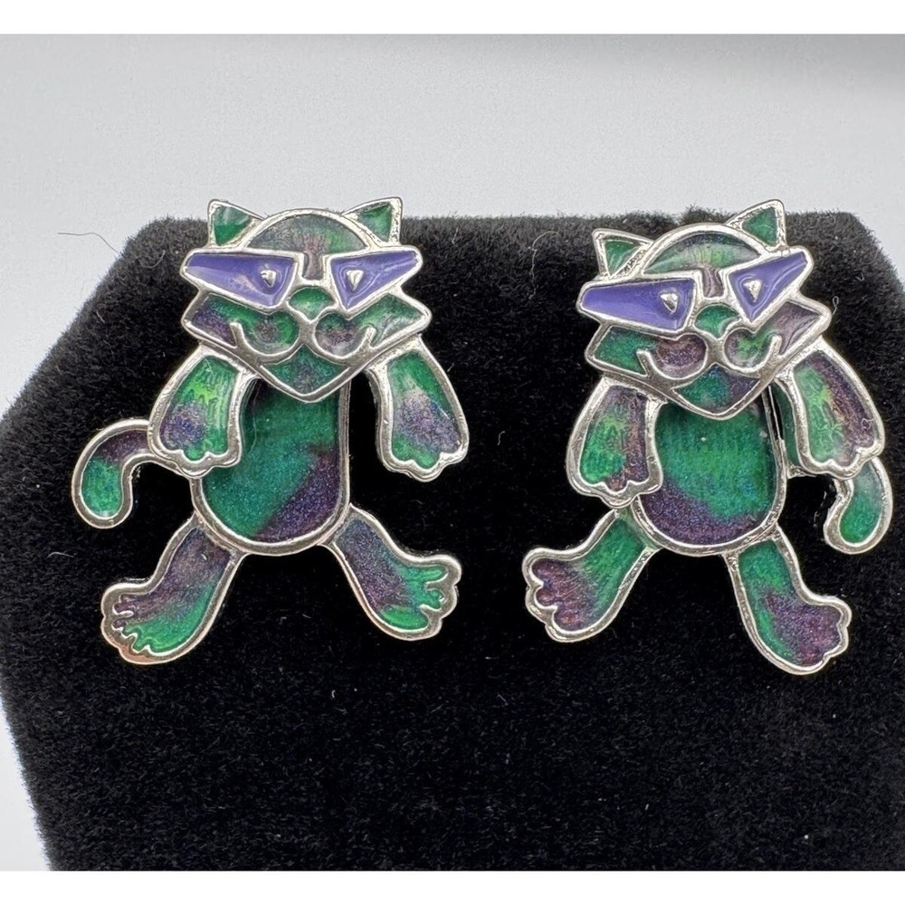 Edgar Berebi Silver Tone Articulated Masked Cat Front Back Illusion Post Earring